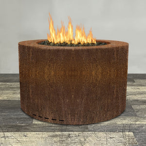 Front view of 45" Round Gravity Corten Steel Fire Pit by Starfire Designs - Brown with flames on, featuring sleek modern design and durable construction, perfect for outdoor patio spaces. Natural gas or propane compatible, enhancing warmth and ambiance. Lava rocks included for added aesthetic.