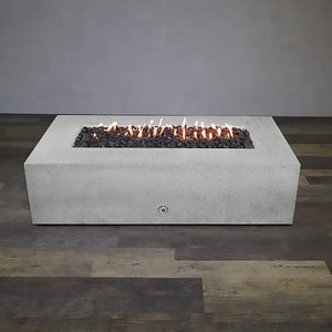 Front view of Starfire Designs Gravity 72" x 38" Rectangle Rustic Gravity Concrete (GFRC) Fire Pit - Propane Gas Hardline - White with flames on, featuring sleek modern concrete bowl design and durable construction, perfect for outdoor patio spaces. Natural gas or propane compatible, enhancing warmth and ambiance. Lava rocks included for added aesthetic.