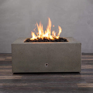 Front view of Starfire Designs Gravity 36" Square Rustic Gravity Concrete (GFRC) Fire Pit - Propane Gas Hardline - Brown with flames on, featuring sleek modern concrete bowl design and durable construction, perfect for outdoor patio spaces. Natural gas or propane compatible, enhancing warmth and ambiance. Lava rocks included for added aesthetic.