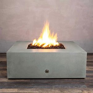 Front view of Starfire Designs Gravity 45" Square Rustic Gravity Concrete (GFRC) Fire Pit - Propane Gas Hardline - Natural Gray with flames on, featuring sleek modern concrete bowl design and durable construction, perfect for outdoor patio spaces. Natural gas or propane compatible, enhancing warmth and ambiance. Lava rocks included for added aesthetic.