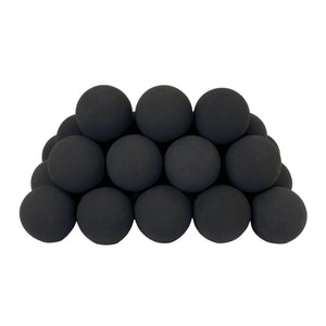 A pyramid stack of Rasmussen Vented Uniform FireBalls in Black. These smooth black fireballs offer a bold, contemporary aesthetic for vented fireplaces. The uniform round design complements modern fireplace settings, making them a popular choice for creating a striking contrast against flames. Ideal for enhancing the ambiance of natural gas or propane fire features.