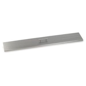 48-inch linear burner cover by American Fire Products, crafted from durable stainless steel with a sleek brushed finish and center handle—designed to protect fire pit burners while adding a modern, polished touch.