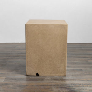 Front view of the Starfire Designs Beton 16" Sand Square Propane Tank Cover, featuring a durable sand-colored concrete finish with a subtle textured surface. The sleek and modern design enhances the aesthetic of outdoor fire pits while concealing the propane tank.
