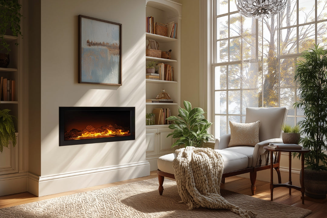 Modern electric fireplace mounted in a cozy, sunlit living room with built-in shelves, neutral-toned furniture, and indoor plants.