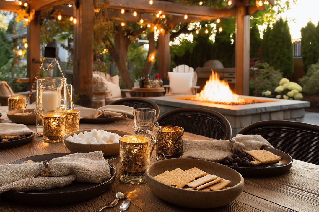 A cozy backyard pergola with string lights frames a lit fire pit beyond a rustic table set with glasses, candles, and s’mores fixings for fire pit media.