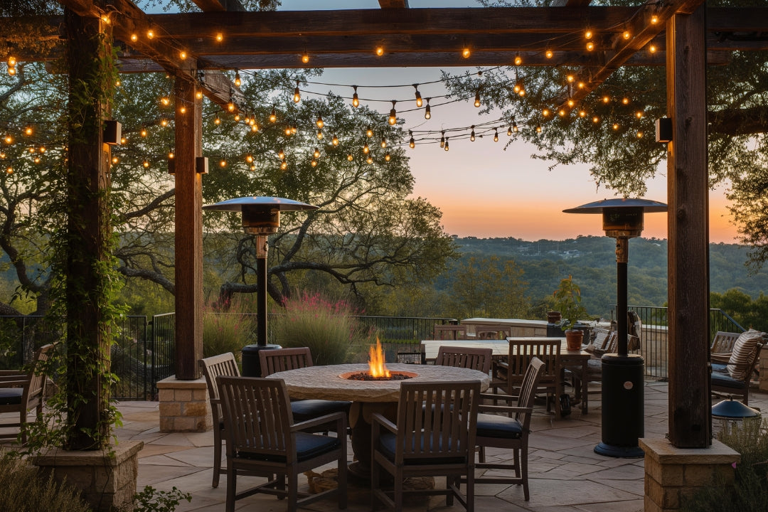 Luxury pergola-covered patio at sunset with string lights, fire pit table, and freestanding outdoor patio heaters warming seating areas.