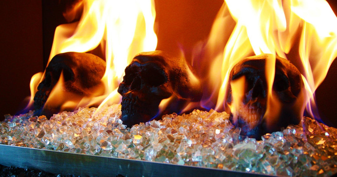 Flaming Ceramic Fire Place Skulls | Starfire Direct