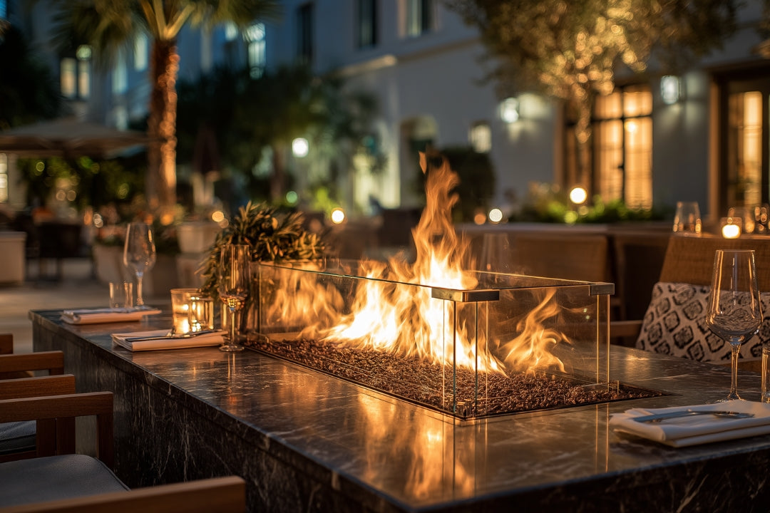 Elegant outdoor dining setup featuring a sleek commercial fire pit with glass wind guard, surrounded by modern patio seating and ambient evening lighting—perfect for upscale restaurant settings.
