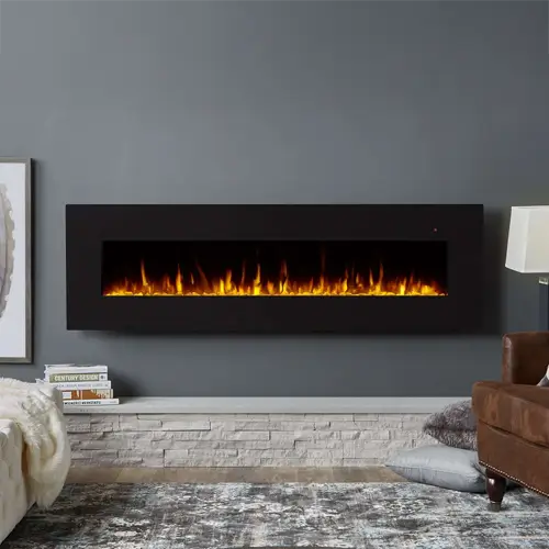 A stunning electric firpelace sits over a modern decor couch in the hallway of a home.