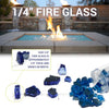 Informative graphic showing American Fire Products 1/4" Reflective Fire Glass in cobalt blue, with a cozy fire pit scene above and a close-up below highlighting individual glass pieces and thickness details for designers and homeowners seeking vibrant fire media.