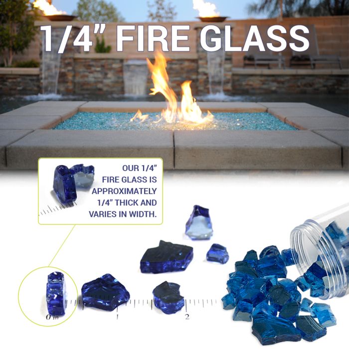 Informative graphic showing American Fire Products 1/4" Reflective Fire Glass in cobalt blue, with a cozy fire pit scene above and a close-up below highlighting individual glass pieces and thickness details for designers and homeowners seeking vibrant fire media.