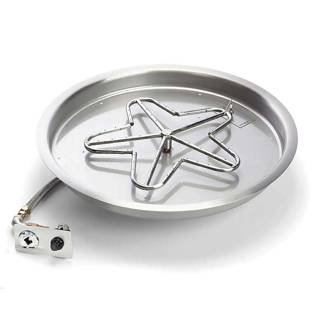 Round circular stainless steel fire pit burner kit with an integrated control panel, featuring an ignition switch and temperature control dial, suitable for custom outdoor fire pits.