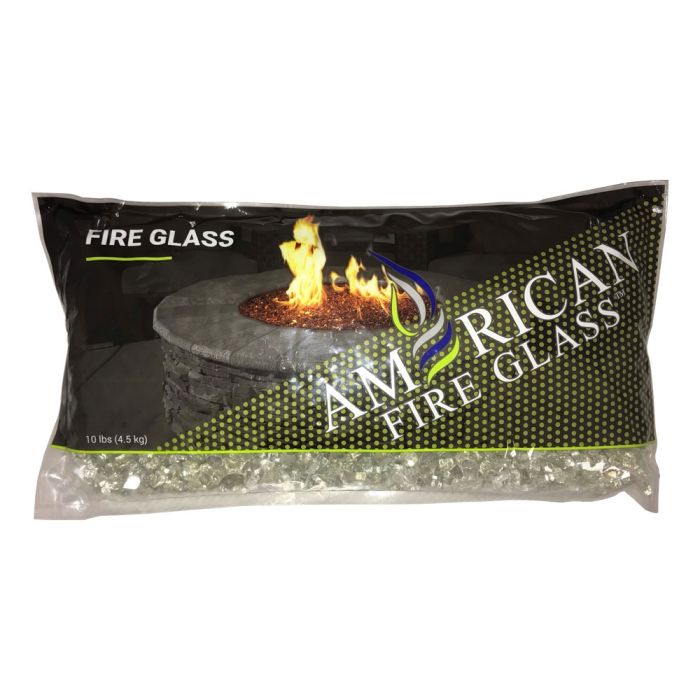 American Fire Glass 10 lb. bag of 1/4" Platinum Reflective Fire Glass, featuring premium mirrored glass pieces for use in fire pits and fireplaces—packaged for easy storage and stunning flame enhancement.