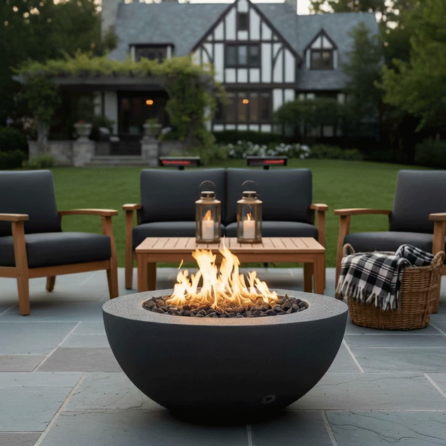 On a slate patio in front of a Tudor-style home, a low graphite fire bowl burns with tall yellow flames above lava rocks, encircled by cushioned wood chairs and a bench, with lanterns on the coffee table and a basket of blankets nearby, creating a patio fire pit vignette where the warm glow of this cozy backyard fire pit naturally invites guests to settle in, chat, and use it as a relaxed family gathering fire pit on cool evenings.