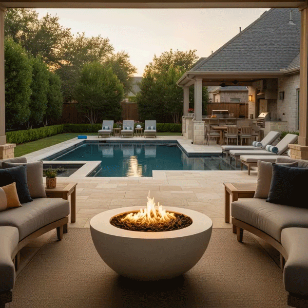 In a covered lounge overlooking a rectangular pool, two curved sofas and matching side tables face a low round fire pit shaped like a smooth concrete bowl, its central ring of flames flickering over dark stones as neatly trimmed hedges, lounge chairs, and an outdoor kitchen fill the background, creating a relaxed backyard fire pit setting that feels like a cozy backyard fire pit hub for casual outdoor entertaining with friends and family.