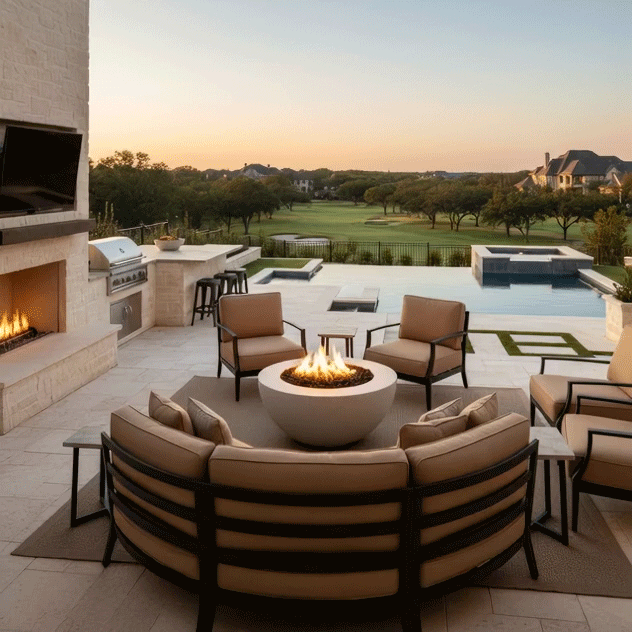On a pale stone terrace beside a pool and spa, a circular concrete fire bowl glows at the center of cushioned chairs and a curved sofa, its compact patio fire pit flame rising above lava rocks while a nearby outdoor fireplace, built-in grill, and bar seating line the wall and manicured lawns and trees stretch toward a golf course view, forming an inviting backyard oasis designed for easy outdoor entertaining at sunset.