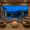 In a desert courtyard framed by saguaro cacti, lounge chairs, and a long pool reflecting the deep blue evening sky, a round fire pit in a soft gray concrete bowl burns at the center of cushioned armchairs and a small sofa, its lively flames lighting the seating area while distant mountains fade into the dusk, presenting an outdoor fire pit arrangement that turns the space into a serene backyard oasis and natural family gathering fire pit zone.