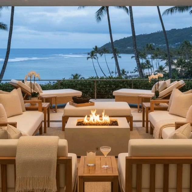 On a covered balcony overlooking a calm ocean and swaying palm trees, a white concrete fire pit flickers at the center of cream cushioned sofas and loungers, its flames lifting from dark stones while side tables hold drinks and orchids, creating a low rectangular fire table that reads as a luxury fire pit in a serene outdoor lounge arranged for relaxed evening entertaining by the water.