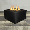 Front view of 36" Square Gravity Powder Coated Steel Fire Pit - Propane Gas Hardline - Push Button Spark Ignition - Black Hammertone by Starfire Designs - Brown with flames on, featuring sleek modern concrete design and durable construction, perfect for outdoor patio spaces. Natural gas or propane compatible, enhancing warmth and ambiance. Lava rocks included for added aesthetic.