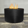 Front view of 36" Round Gravity Powder Coated Steel Fire Pit - Propane Gas Hardline - Match Lit - Black Hammertone by Starfire Designs - Brown with flames on, featuring sleek modern concrete design and durable construction, perfect for outdoor patio spaces. Natural gas or propane compatible, enhancing warmth and ambiance. Lava rocks included for added aesthetic.