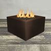 Front view of 36" Square Gravity Powder Coated Steel Fire Pit - Propane Gas Hardline - Flame Sense with Spark Ignition System - Bronze Hammertone by Starfire Designs - Brown with flames on, featuring sleek modern concrete design and durable construction, perfect for outdoor patio spaces. Natural gas or propane compatible, enhancing warmth and ambiance. Lava rocks included for added aesthetic.