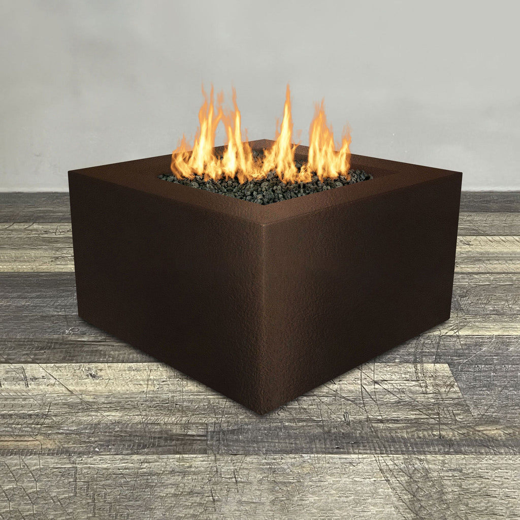 Front view of 36" Square Gravity Powder Coated Steel Fire Pit - Propane Gas Hardline - Flame Sense with Spark Ignition System - Bronze Hammertone by Starfire Designs - Brown with flames on, featuring sleek modern concrete design and durable construction, perfect for outdoor patio spaces. Natural gas or propane compatible, enhancing warmth and ambiance. Lava rocks included for added aesthetic.