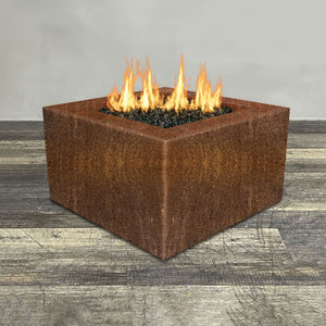 Front view of 36" Square Gravity Corten Steel Fire Pit by Starfire Designs - Brown with flames on, featuring sleek modern  design and durable construction, perfect for outdoor patio spaces. Natural gas or propane compatible, enhancing warmth and ambiance. Lava rocks included for added aesthetic.