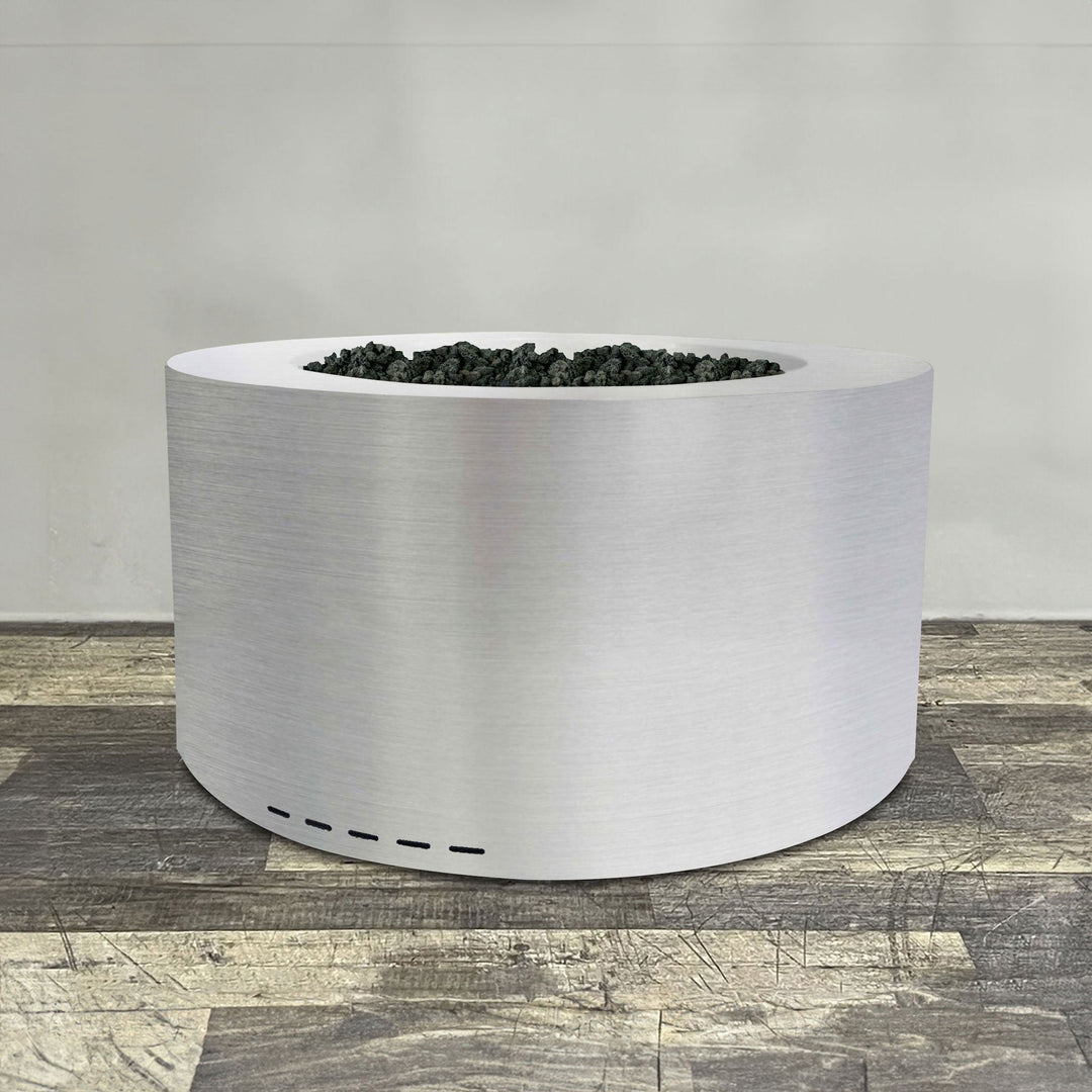 Front view of 36" Round Gravity Stainless Steel Fire Pit by Starfire Designs - Brown with flames on, featuring sleek modern  design and durable construction, perfect for outdoor patio spaces. Natural gas or propane compatible, enhancing warmth and ambiance. Lava rocks included for added aesthetic.