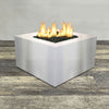 Front view of 36" Square Gravity Stainless Steel Fire Pit by Starfire Designs - Brown with flames on, featuring sleek modern  design and durable construction, perfect for outdoor patio spaces. Natural gas or propane compatible, enhancing warmth and ambiance. Lava rocks included for added aesthetic.