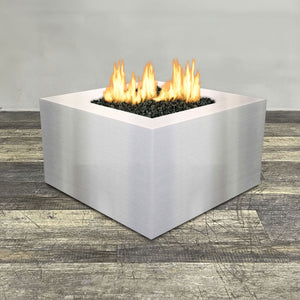Front view of 36" Square Gravity Stainless Steel Fire Pit by Starfire Designs - Brown with flames on, featuring sleek modern  design and durable construction, perfect for outdoor patio spaces. Natural gas or propane compatible, enhancing warmth and ambiance. Lava rocks included for added aesthetic.