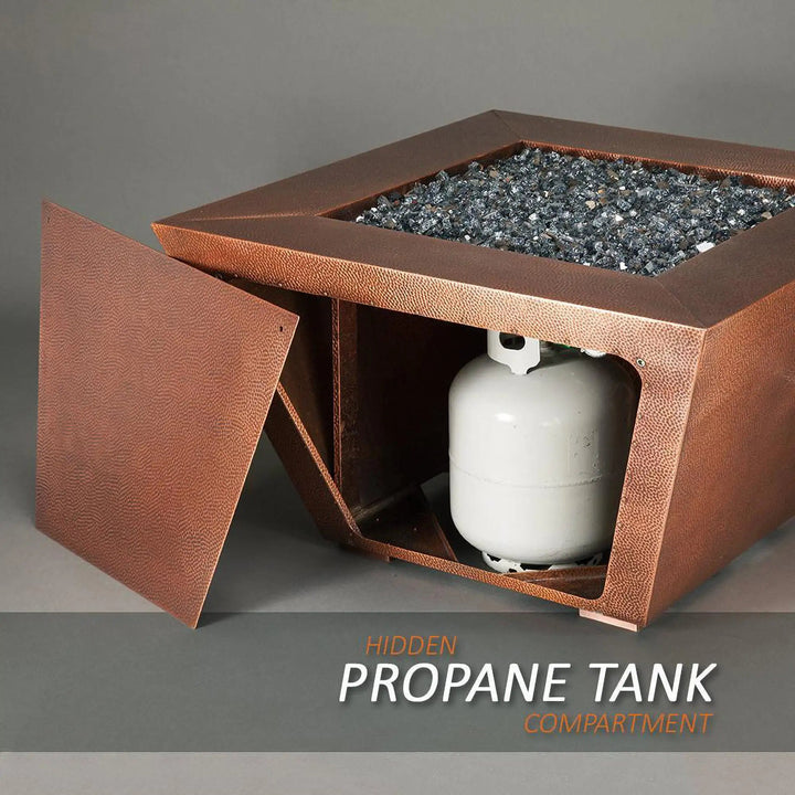 Starfire Designs 40-inch Copper Canyon gas fire pit with a hidden propane tank compartment, featuring a hammered copper finish, perfect for modern outdoor settings