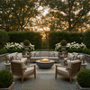 A formal garden terrace features a brown round fire pit surrounded by a symmetrical arrangement of teak armchairs and sofas. Hydrangea bushes and tall trees frame the scene at sunset, creating a grand backyard oasis. The warm glow of the fire feature illuminates the bluestone patio, serving as an elegant gas fire pit centerpiece for the estate grounds.