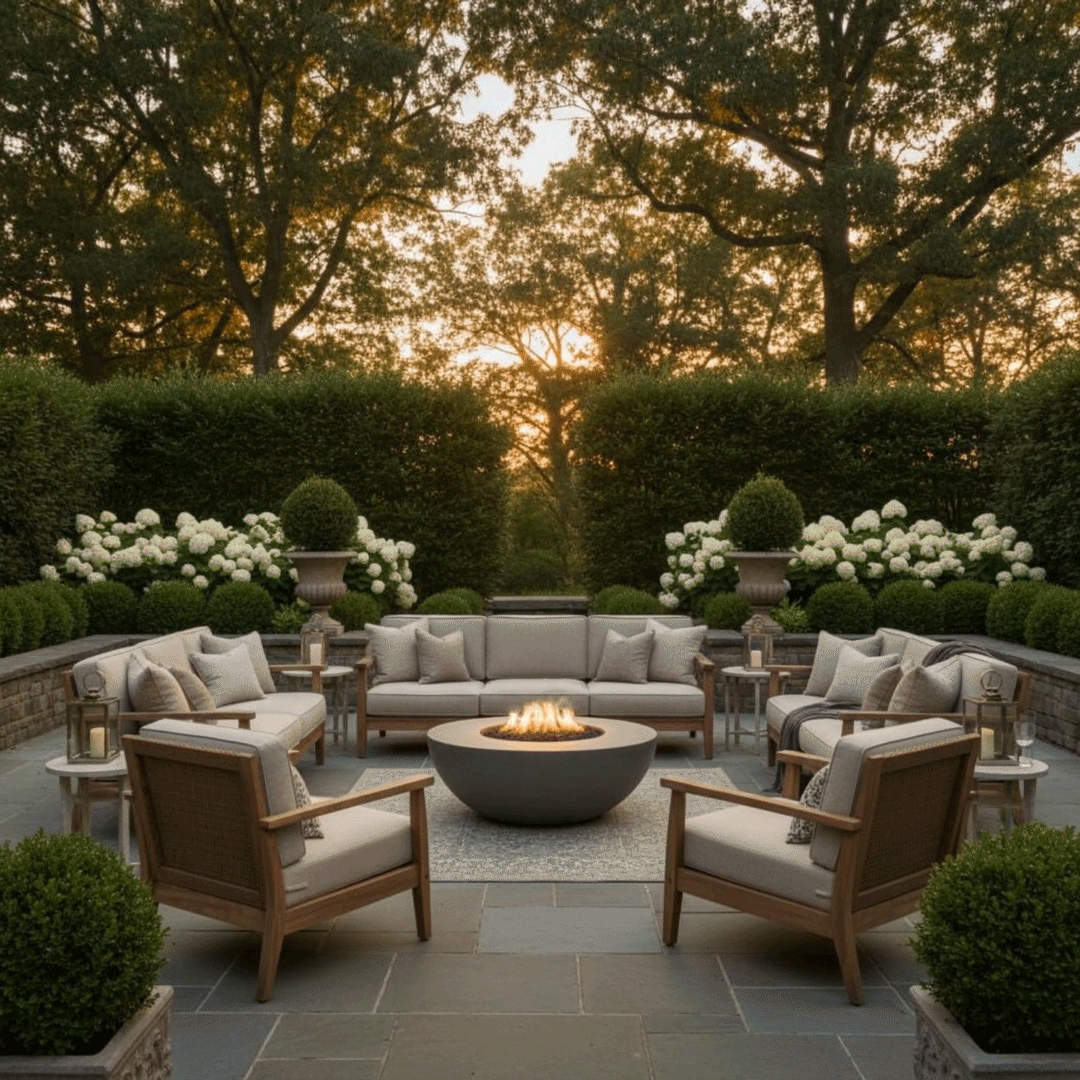 A formal garden terrace features a brown round fire pit surrounded by a symmetrical arrangement of teak armchairs and sofas. Hydrangea bushes and tall trees frame the scene at sunset, creating a grand backyard oasis. The warm glow of the fire feature illuminates the bluestone patio, serving as an elegant gas fire pit centerpiece for the estate grounds.
