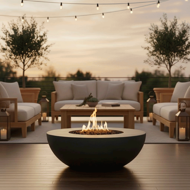An outdoor fire pit in a dark graphite finish sits on a wooden deck at sunset, framed by two olive trees and warm string lights overhead. The fire feature creates a cozy backyard fire pit ambiance, perfect for relaxing on the adjacent sofas. The amber flames of the propane fire pit blend seamlessly with the golden hour lighting, enhancing the serene atmosphere.