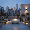 A white modern fire pit sits on a rooftop deck overlooking a dramatic city skyline at night, including the Freedom Tower. An L-shaped sofa and planters frame the rooftop fire pit, which emits a bright, clean flame. This setup illustrates the benefits of a smokeless fire pit in an urban environment, where the gas fire pit provides warmth and style without obstructing the panoramic view.
