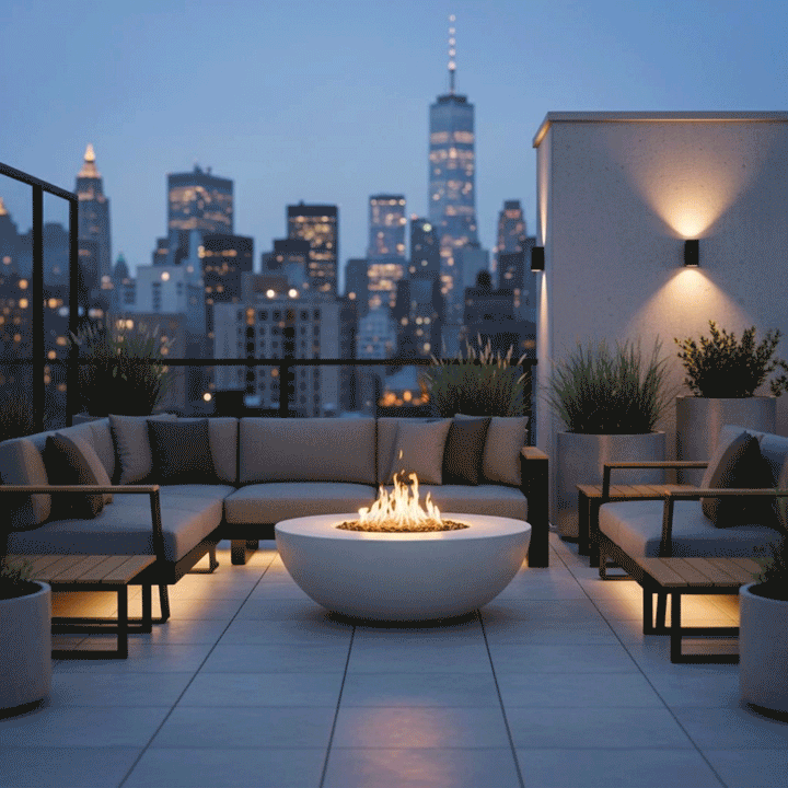A white modern fire pit sits on a rooftop deck overlooking a dramatic city skyline at night, including the Freedom Tower. An L-shaped sofa and planters frame the rooftop fire pit, which emits a bright, clean flame. This setup illustrates the benefits of a smokeless fire pit in an urban environment, where the gas fire pit provides warmth and style without obstructing the panoramic view.