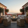 A low, round fire pit sits at the center of a tiled terrace framed by white stucco walls, terracotta roofs, and vivid flowering vines, its concrete bowl holding a lively golden flame while woven lounge chairs, cushioned sofas, large potted trees, and lanterns circle the hearth, showcasing a concrete fire pit styled as a sleek round fire pit and modern fire pit for relaxed outdoor entertaining with sweeping coastal hills and water visible in the soft evening light.