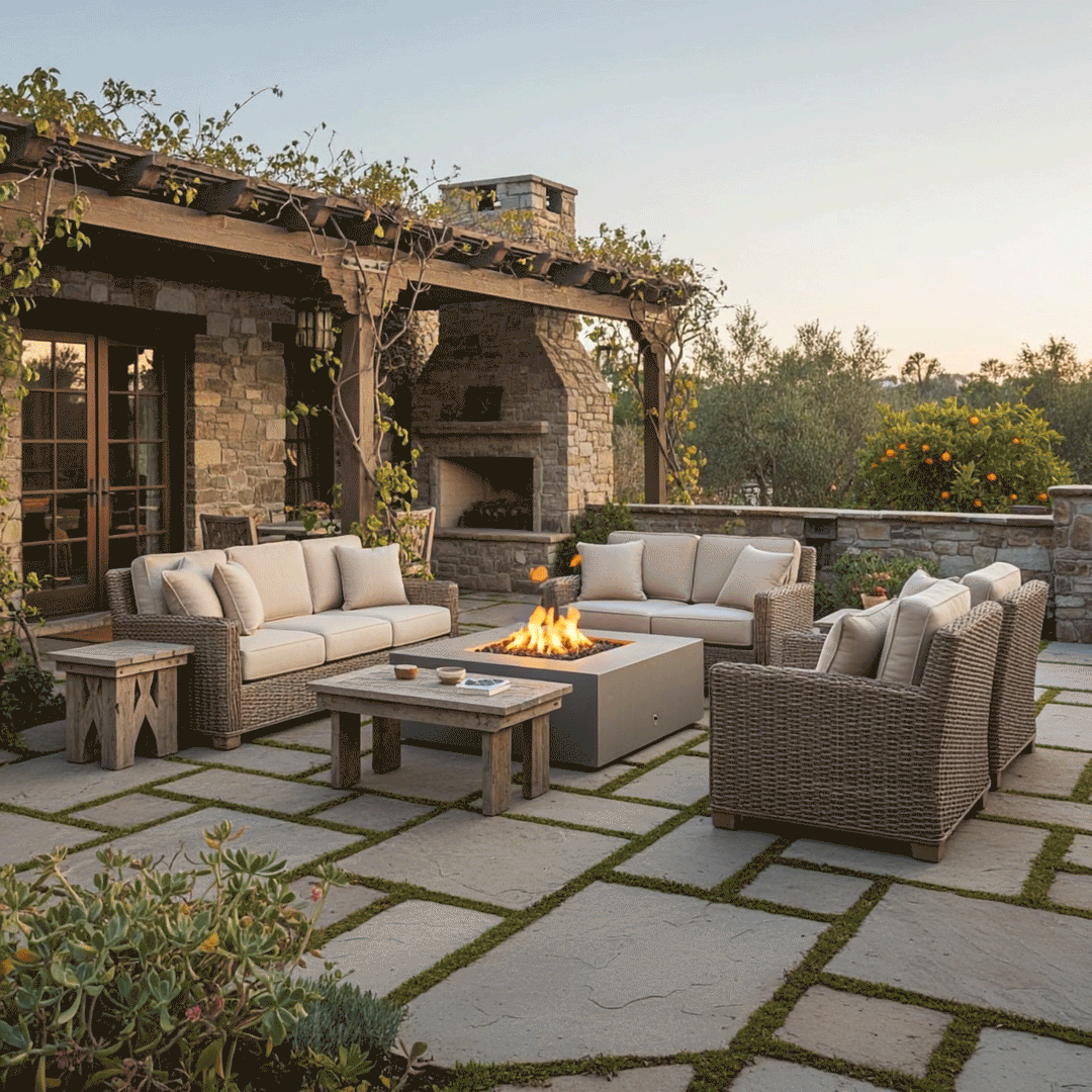 A rustic Tuscan-style courtyard features a brown backyard fire pit surrounded by stone pavers and wicker seating. An outdoor fireplace and lush greenery frame the scene, creating a cozy family gathering fire pit area. The warm glow of the fire feature illuminates the textured stone patio, serving as an inviting outdoor fire pit centerpiece for the garden estate.