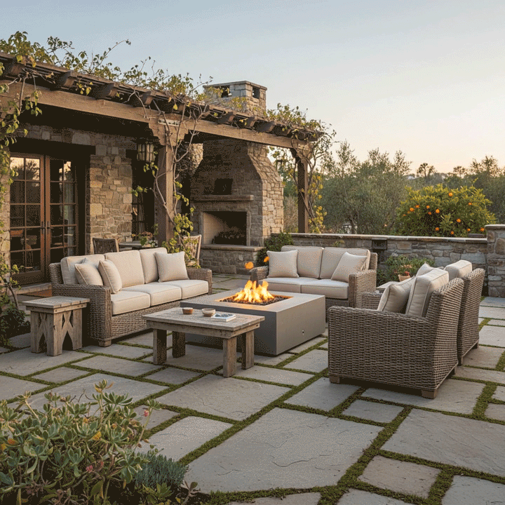 A rustic Tuscan-style courtyard features a brown backyard fire pit surrounded by stone pavers and wicker seating. An outdoor fireplace and lush greenery frame the scene, creating a cozy family gathering fire pit area. The warm glow of the fire feature illuminates the textured stone patio, serving as an inviting outdoor fire pit centerpiece for the garden estate.