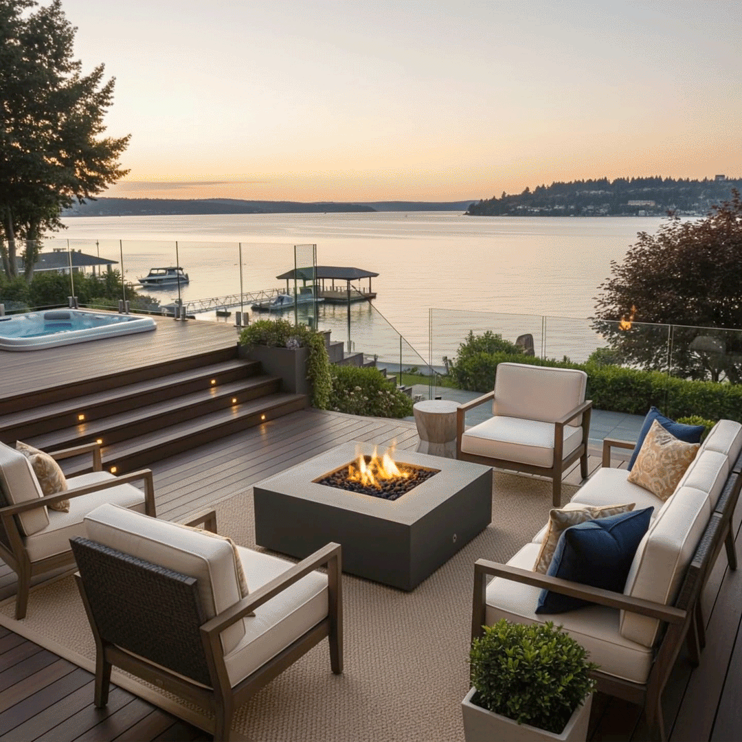A graphite luxury fire pit sits on a spacious wooden deck overlooking a lake at sunset. Positioned near a hot tub, the unit is surrounded by cushioned armchairs, creating an inviting space for outdoor entertaining. The warm glow of the fire table complements the water views, establishing a relaxing backyard fire pit atmosphere.