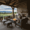 A covered patio features a gas fire pit in a graphite finish, positioned between a stone outdoor fireplace and a grill station. The setting overlooks a valley landscape, creating a versatile family gathering fire pit area. The clean-burning flames of the smokeless fire pit provide warmth and ambiance within this rustic, stone-accented outdoor living room.