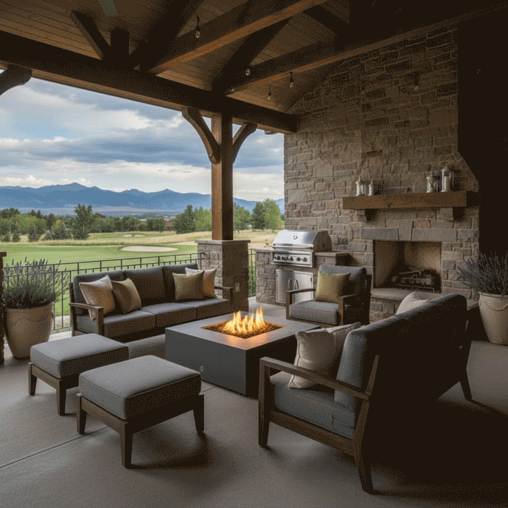 A covered patio features a gas fire pit in a graphite finish, positioned between a stone outdoor fireplace and a grill station. The setting overlooks a valley landscape, creating a versatile family gathering fire pit area. The clean-burning flames of the smokeless fire pit provide warmth and ambiance within this rustic, stone-accented outdoor living room.
