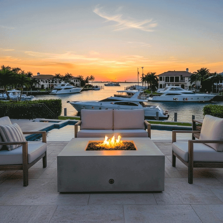 A gray patio fire pit serves as the centerpiece of a waterfront terrace at sunset, surrounded by docked yachts and palm trees. A small sofa and two armchairs frame the square fire pit, creating an intimate setting for outdoor entertaining. The warm glow of the propane fire pit enhances the tranquil atmosphere, establishing a cozy backyard fire pit spot by the water.