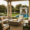 A grand covered veranda features a gray luxury fire pit surrounded by elegant sofas and armchairs. The setting overlooks a manicured garden with statues and a swimming pool, creating a sophisticated backyard oasis. The steady flames of the fire feature provide warmth and ambiance, making it the perfect anchor for a family gathering fire pit area on a large estate.