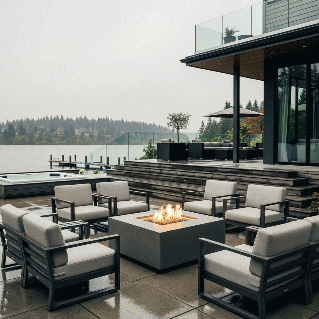 A spacious lakeside terrace features a gray outdoor fire pit surrounded by eight modern armchairs. The scene overlooks a lake and forest on a misty day, highlighting the durability of the concrete fire pit in outdoor elements. The bright flames of the gas fire pit offer a warm contrast to the cool, rainy atmosphere, demonstrating the utility of a smokeless fire pit for year-round enjoyment.