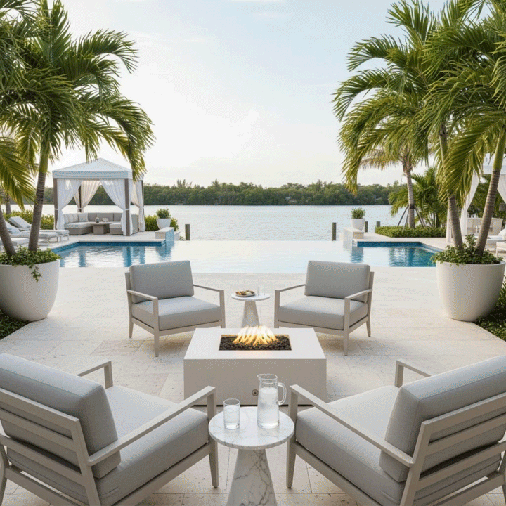 A white luxury fire pit sits centrally on a stone terrace, framed by four armchairs and an infinity pool overlooking a tropical waterway. The steady flames of the modern fire pit reflect on the water's surface, creating a sophisticated atmosphere for outdoor entertaining. The scene highlights the sleek design of this backyard oasis against a serene waterfront backdrop.