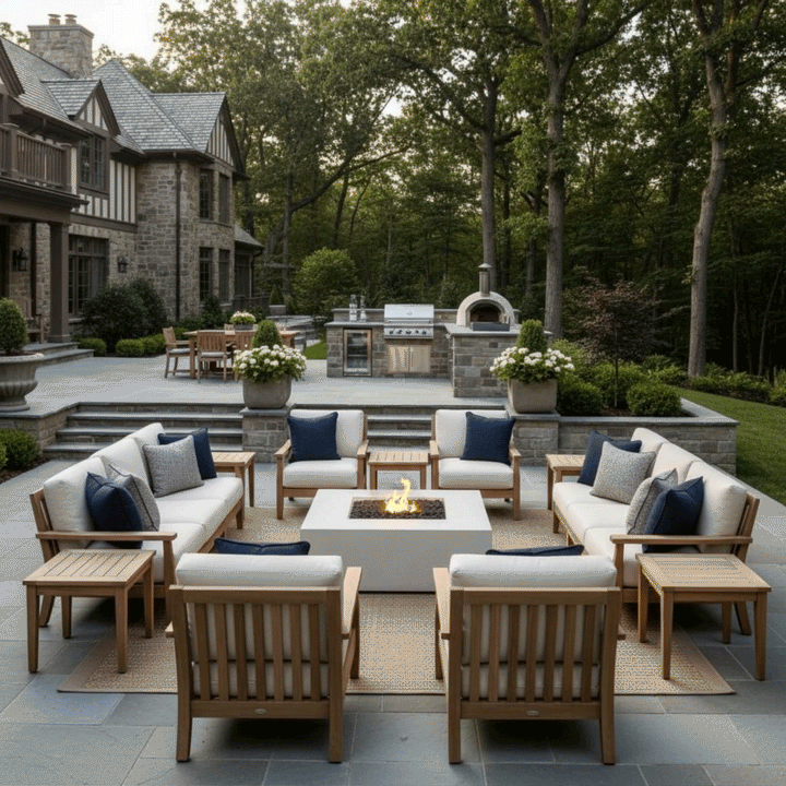 A spacious stone patio features a large U-shaped seating arrangement surrounding a white patio fire pit. The setting is framed by a grand stone residence and an outdoor kitchen, creating a perfect family gathering fire pit area. The steady flame of the outdoor fire pit serves as a warm focal point, with the fire table anchoring the elegant garden furniture.