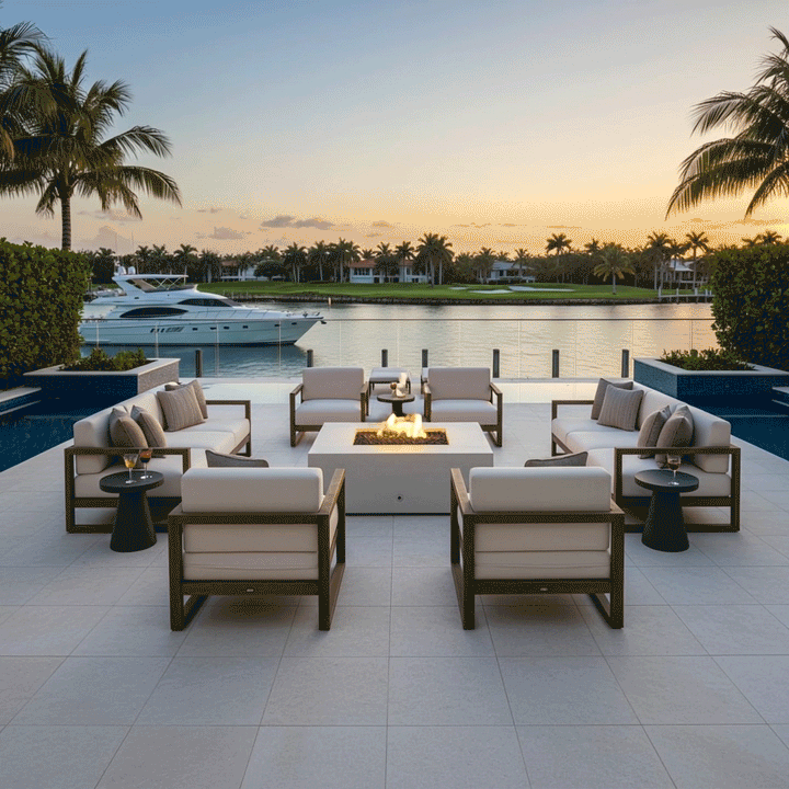 A white square fire feature sits on a tiled terrace overlooking a marina with docked yachts at sunset. Surrounded by a large sectional sofa and armchairs, the propane fire pit creates an inviting atmosphere for evening relaxation. The clean burn demonstrates a smokeless fire pit experience, enhancing the cozy backyard fire pit ambiance in a luxurious coastal setting.
