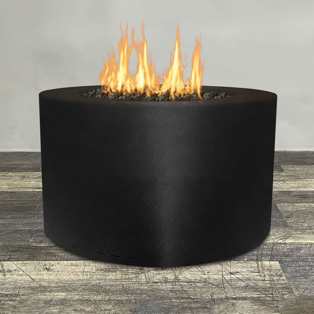 Front view of 45" Round Gravity Powder Coated Steel Fire Pit - Natural Gas - 110V CSA On/Off Electronic Ignition System - Black Hammertone by Starfire Designs - Brown with flames on, featuring sleek modern concrete design and durable construction, perfect for outdoor patio spaces. Natural gas or propane compatible, enhancing warmth and ambiance. Lava rocks included for added aesthetic.