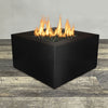 Front view of 45" Square Gravity Powder Coated Steel Fire Pit - Natural Gas - 110V Electronic Ignition System - Black Hammertone by Starfire Designs - Brown with flames on, featuring sleek modern concrete design and durable construction, perfect for outdoor patio spaces. Natural gas or propane compatible, enhancing warmth and ambiance. Lava rocks included for added aesthetic.